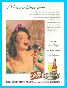 Pubblicità stampa cantante birra Schlitz epoca seconda guerra mondiale Milwaukee band musica bottiglia alcol - Foto 1 di 3
