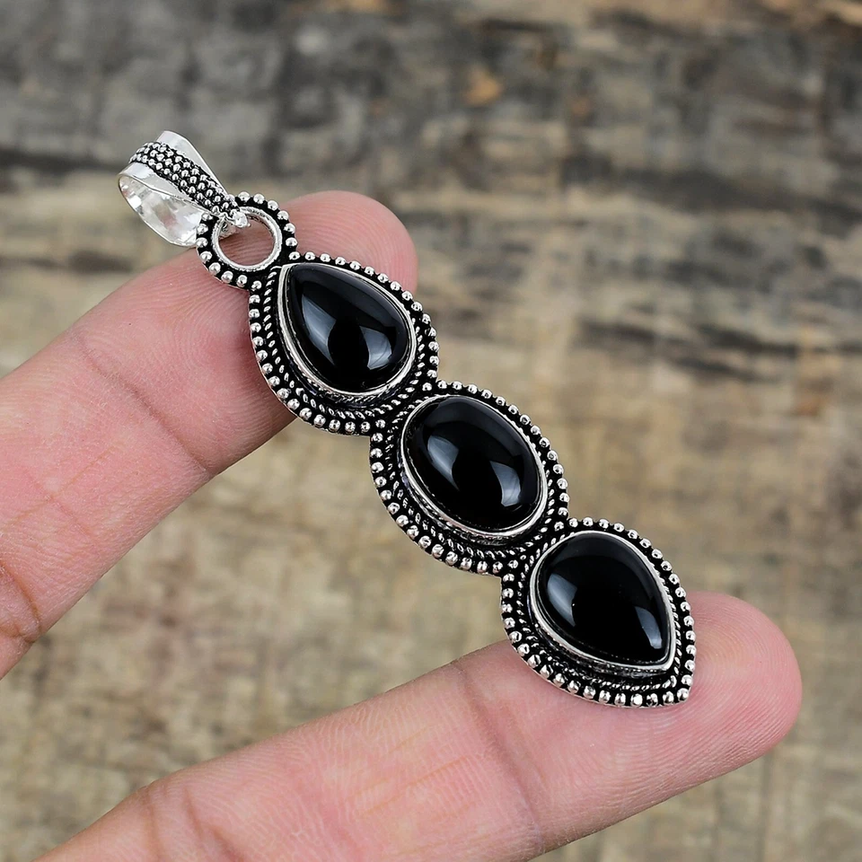 Pendente In Argento Sterling 925 Fatto A Mano In Onice Nero Per Natale - Immagine 1 di 4