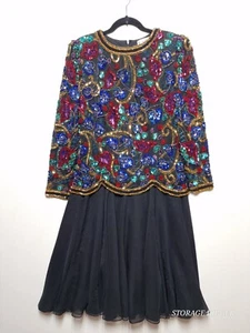 Vintage Oleg Cassini Black Tie A-Line Dress Womens 12 Black Floral Sequin Beaded - Picture 1 of 13