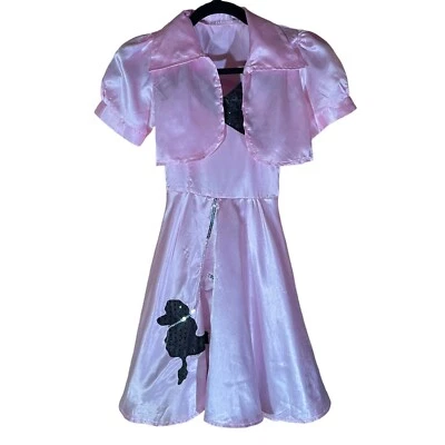 50's Pink Satin Poodle Dress Shrug Girls Size M Sock Hop Skirt Halloween Costume - Image 1 of 4