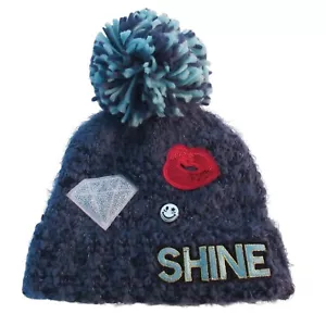 Children's Winter Hat Deep Blue Bobble Beanie Girls Sz S/M Patch Poms 4-7YR - Picture 1 of 4