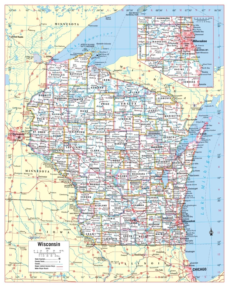 Wisconsin State Wall Map Poster Large Print 24"Wx30"H - Image 1 of 1