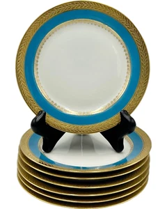 Set 7 M. Redon Limoges France Bread Plates Porcelain Blue Gold - Picture 1 of 13