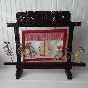 Hand Carved Balinese Puppet Theatre With 7 Puppets 23.75 in. Long 17.75 high - Picture 1 of 9