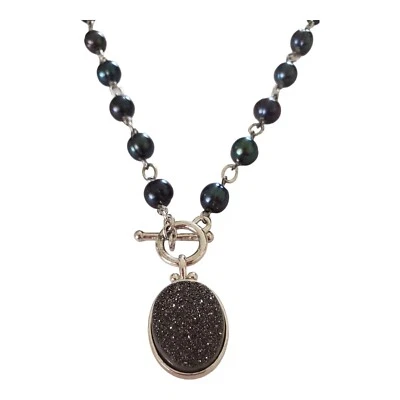 7-8mm Black Pearl Necklace 18" Sterling Silver Freshwater Cultured Black Agate - Image 1 of 4