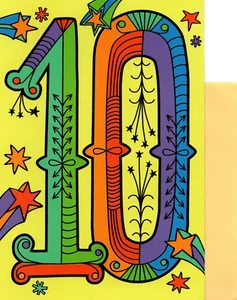 Tarjeta de felicitación de feliz décimo cumpleaños cumpliendo 10 colorida arco iris niño niña sello - Imagen 1 de 3