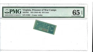 USA WWII POW Camp Chits VA-3-1-50 cents Camp Ashby Virginia PMG 65 EPQ - Picture 1 of 2
