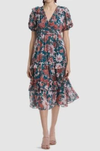 Sachin & Babi Women's Blue Floral Tiered V-Neck Veronica A-Line Dress Size 2 - Picture 1 of 3