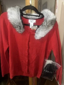 Size L red sweater By Holly Comes w 2 faux fur collar black or gray button up - Picture 1 of 4