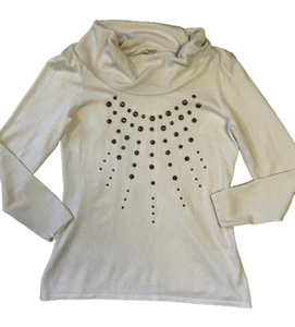 Large Reba Cream Sweater Cowl Collar Brass Studs Long Sleeves Rayon/Nylon Tunic - Picture 1 of 8