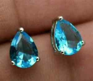 10x8mm Simulated Blue Topaz December Birthstone Stud 14K White Gold Plated