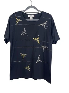 Lisa Top L Black Dragonfly Beaded Boho Western Indie Mythical Hippie Cowgirl - Picture 1 of 12