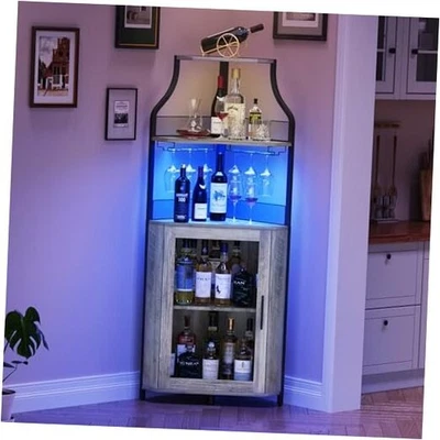  Armario de vino de barra de esquina con luces LED, gabinete de vino industrial de 5 niveles gris Foto 1 de 4