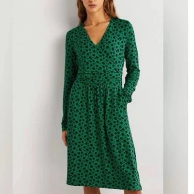 Boden V Neck Layla Jersey Shirt Dress Green Floral Faux Wrap Long Sleeve Dress 8 - Image 1 of 4