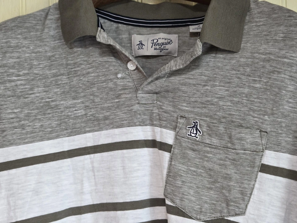 Camisa Polo Original Pingüino Para Hombre Mediana Gris Blanco Rayas Bolsillo Algodón Foto 1 de 4