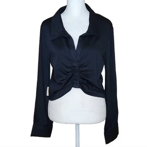 Kendall & Kylie Ruched Front Cropped Blouse Top Black V-Neck Button Cuffs Medium - Picture 1 of 11