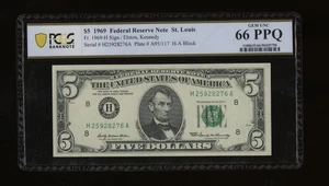 DBR 1969 $5 FRN St. Louis Gem Fr. 1969-H PCGS-B 66 PPQ Serial H25928276A - Picture 1 of 2
