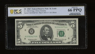 DBR 1969 $5 FRN St. Louis Gem Fr. 1969-H PCGS-B 66 PPQ Serial H25928276A - Image 1 of 2