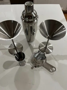 Stainless Steel Martini Cocktail Set (Shaker-Strainer-Jigger,-Martini Glasses)  - Picture 1 of 3