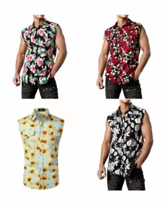 JOGAL Mens Flower Sleeveless Casual Button Down Hawaiian Shirt with Pocket. - Picture 1 of 28