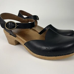 Dansko Taci Mary Jane Clog Shoes Women Size 40 US 9 Black Leather Wedge Heel - Picture 1 of 11