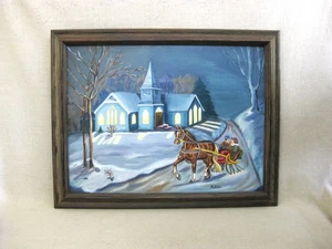 Folk Art Winter Landscape Painting, Original Framed Wall Art - Picture 1 of 6