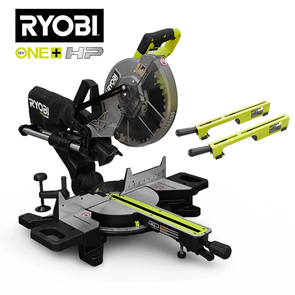 Ryobi One+ HP 18 В беспроводной 10 дюймов Раздвижная торцовочная пила + крепление подставки - PBLMS01B - Изображение 1 из 4