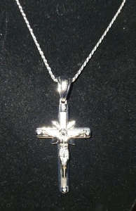 Sterling Silber 925 Kruzifix 2"x 1" Anhänger mit 4 Diamanten & 20" Seil Kette - Bild 1 von 8