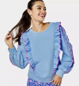 Lilly Pulitzer Suzy Ruffle Sweatshirt Light Blue Pink Balloon Sleeve XXS $128 C8 - Picture 1 of 4