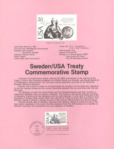 #8308 20c Sweden/USA Stamp - Scott #2036  USPS Souvenir Page - Picture 1 of 1