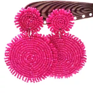 Hot Pink Seed Bead Drop Circle Statement Earrings - Picture 1 of 3