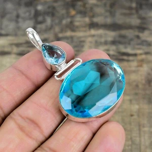 Topazio Blu Artigianale 925 Argento Sterling Ciondolo Gioielli Per Natale Regali - Foto 1 di 4