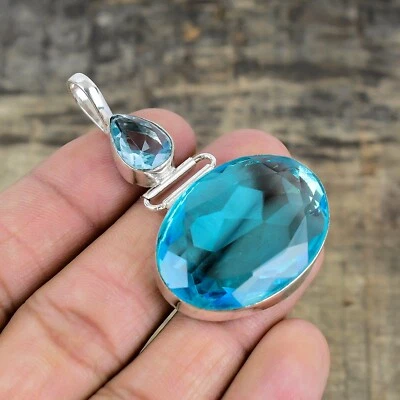 Topazio Blu Artigianale 925 Argento Sterling Ciondolo Gioielli Per Natale Regali - Immagine 1 di 4