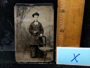 Antique Victorian Early TinType Tin Type Somber Mourning Woman W Flower Lot X - Picture 1 of 3