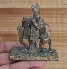 Rare Antique Old Finish Brass Standing Krishna With Cow Figurine Statue Idol