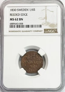 1830 SWEDEN 1/6 SKILLING CARL XIV JOHAN COIN NGC MINT STATE 62 BROWN - Picture 1 of 2