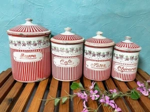 FRENCH ANTIQUE BB Enamel Canister Set of 4 Red Stripe Garland Design Vintage - Picture 1 of 10