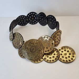 VINTAGE DROP WAIST BELT Y2K BOHO BRASS BUCKLE 27-33"APPROX WIDE CIRCULAR METALIC - Picture 1 of 20
