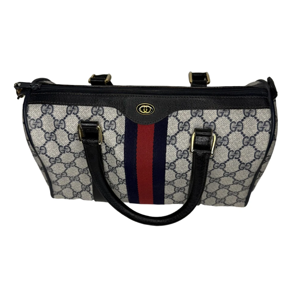 Bolso Gucci Boston para mujer azul gris vintage monograma tela rayas asa superior Foto 1 de 4