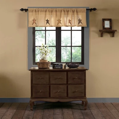 Primitive 16"x60" Burlap Star Valance Tan Rod Kitchen Window Curtains VHC Brands - Image 1 of 4