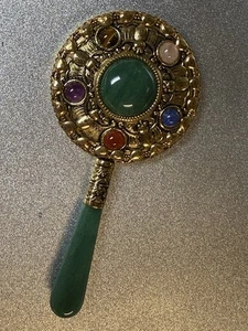 Vintage chinesischer kleiner Handspiegel Jade Griff goldfarben gehämmert Edelstein CJ-M-5 - Bild 1 von 4