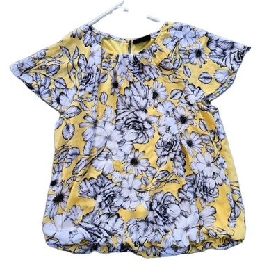 Liz Claiborne Blouse Women's S Yellow Black Floral Print Petite Pleated Career  - Image 1 of 4