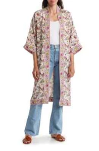 Max Studio $128 Cream/Cerise Floral Parrot Long Kimono Size Small NWT - Picture 1 of 8