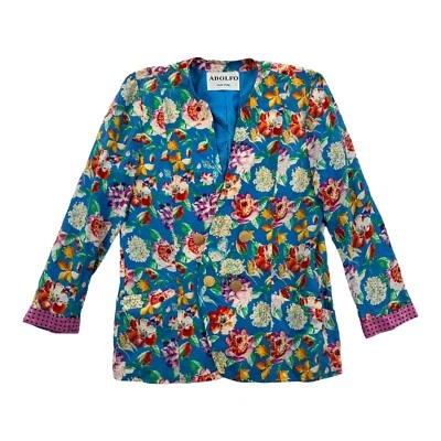 Adolfo New York Chaqueta Floral Mujer Grande Seda Blazer Traje Azul Retro De Colección Foto 1 de 4