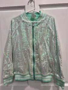 Disney Sparkling Sequin ARIEL Seafoam GreenBomber Jacket SMALL Girls Pre Loved - Picture 1 of 6