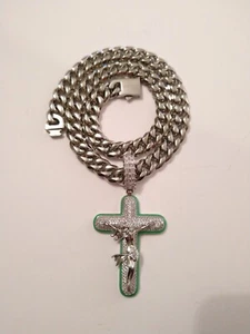 Men's Silver Solid Stainless 12mm 20in Cuban Chain White Gold Plated CZ Cross - Picture 1 of 24