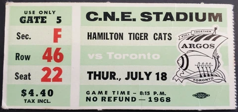 1968 C.N.E. Stadium Hamilton Tiger Cats vs Toronto Argonauts CFL Football Cover