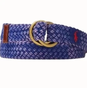 Polo Ralph Lauren blau gewebte Baumwolle ORing Gürtel Lederbesatz geflochten neu groß - Bild 1 von 8