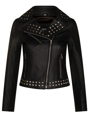 Women's Leather Black Studded Biker Jacket Brando Motorcycle Gothic Style Jacket - Image 1 of 4