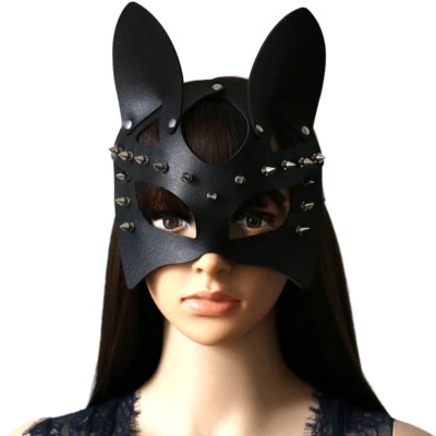 Cat Women Half Masks Face Harness PU Leather Party Costume Cosplay Rivet Design - Image 1 of 4